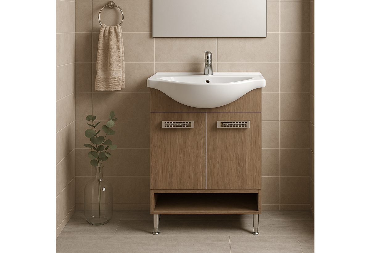 Απεικονίζεται ο πάγκος και ο νιπτήρας του επίπλου μπάνιου